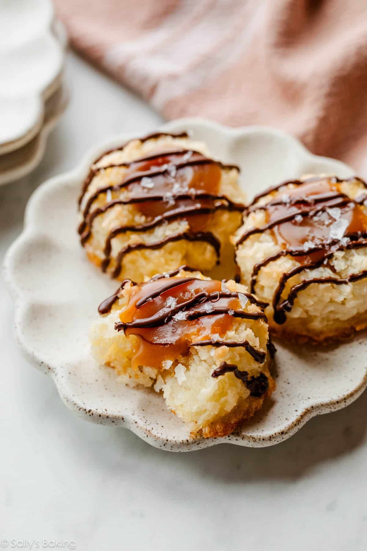 plate of 3 caramel coconut macaroons.