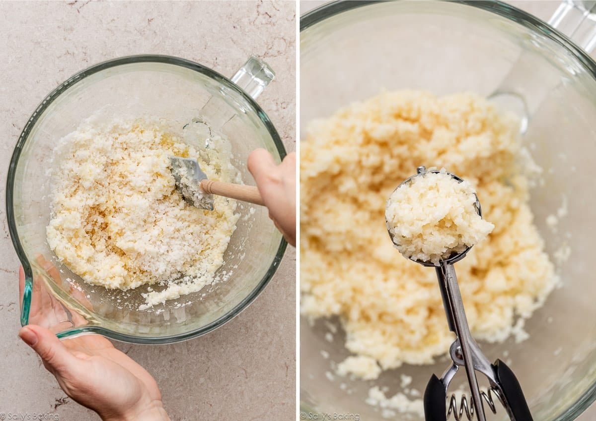 mixing coconut and egg mixture.