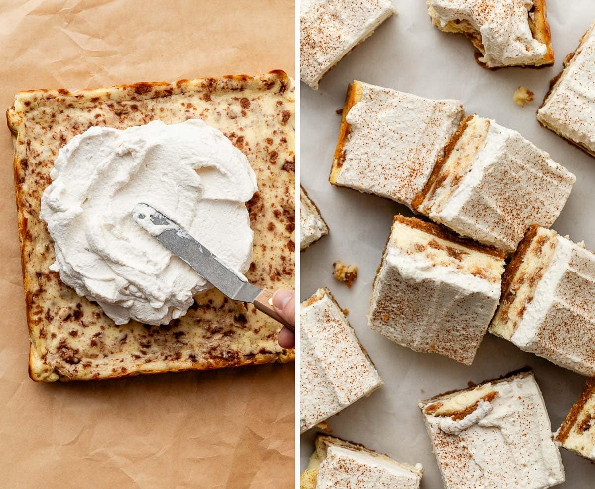 cinnamon roll cheesecake bars with whipped cream.
