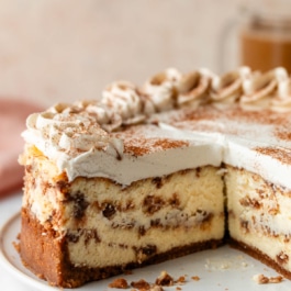 Cinnamon swirl cheesecake with whipped cream topping and cinnamon sprinkled on top.