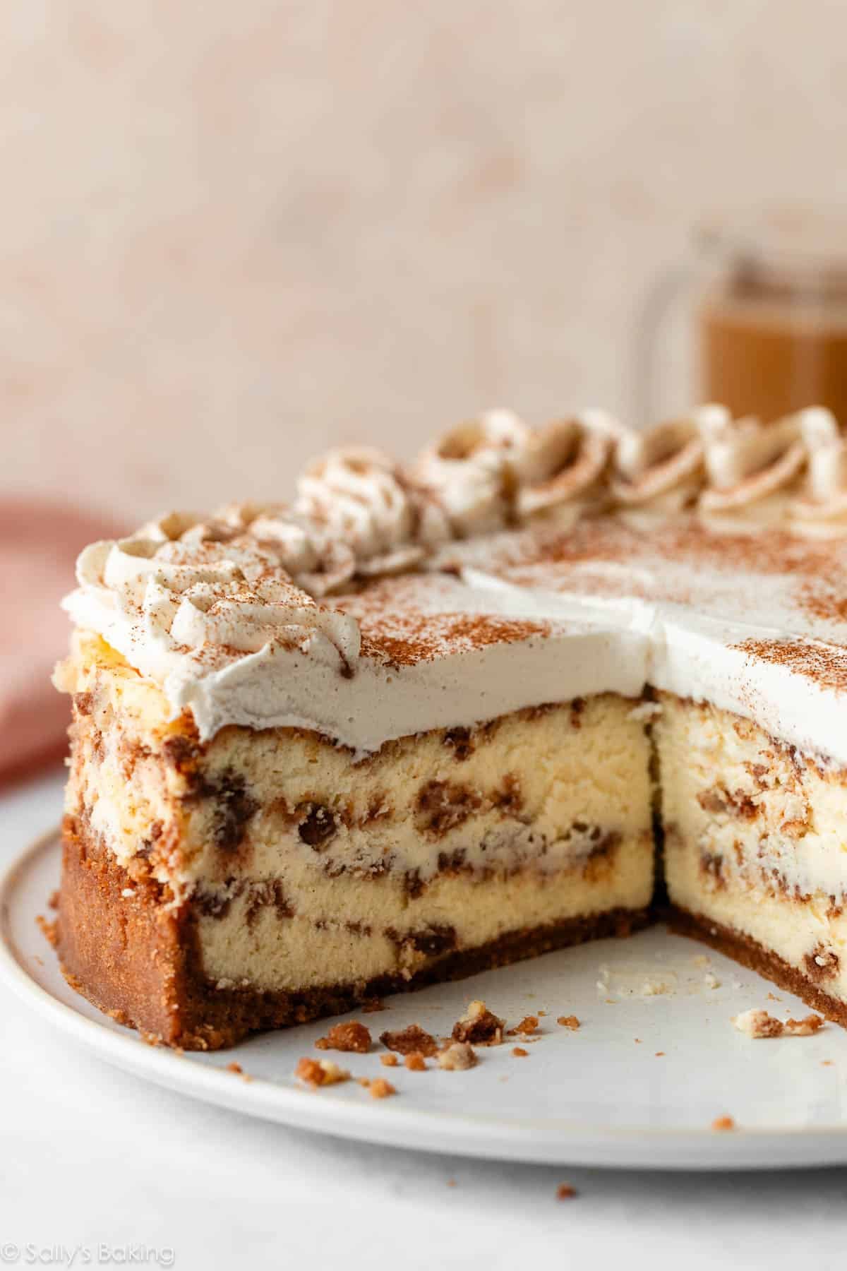 Cinnamon swirl cheesecake with whipped cream topping and cinnamon sprinkled on top.
