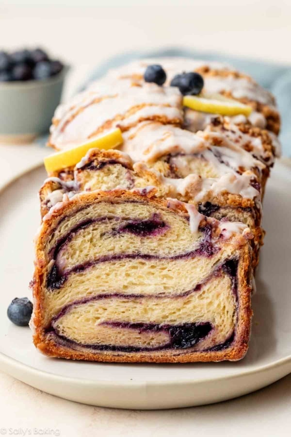 lemon blueberry babka on serving platter.