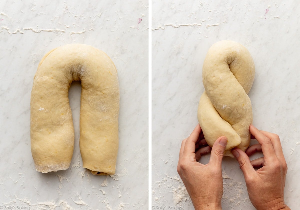 hands shaping dough in a twist.