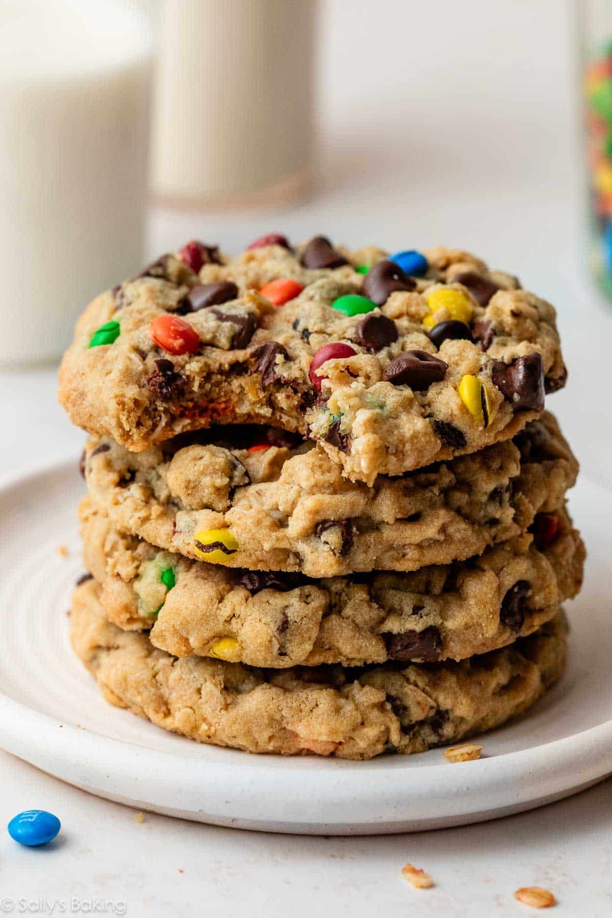 stack of 3 big monster peanut butter oatmeal cookies.