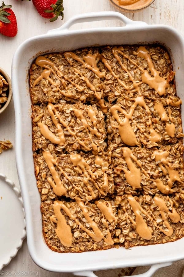 banana baked oatmeal with melted peanut butter on top.