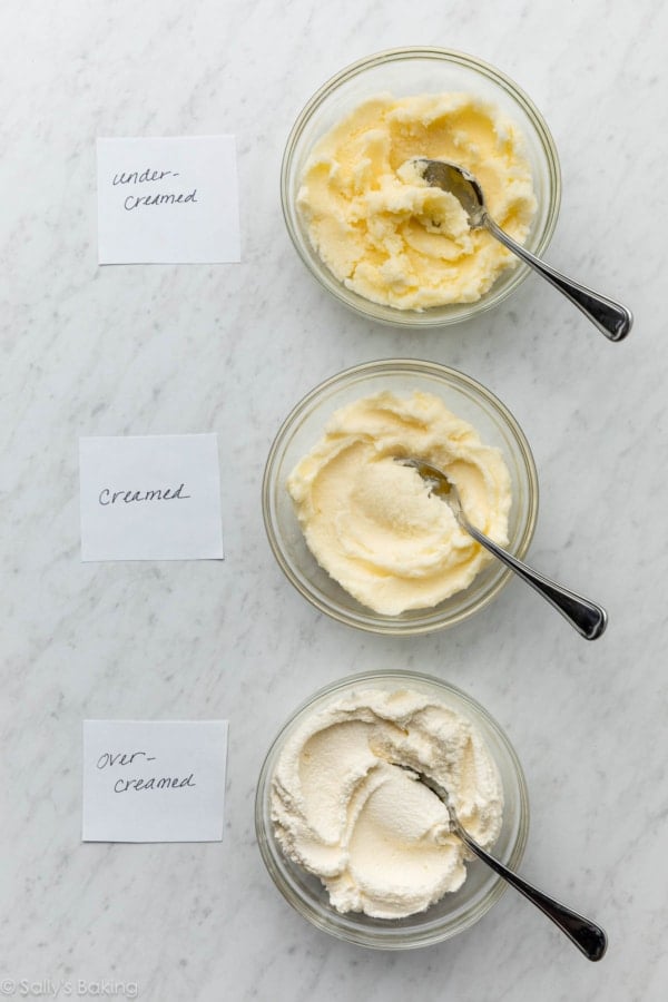 creamed butter and sugar in a glass bowls, showing under-creamed, perfectly creamed, and over-creamed.