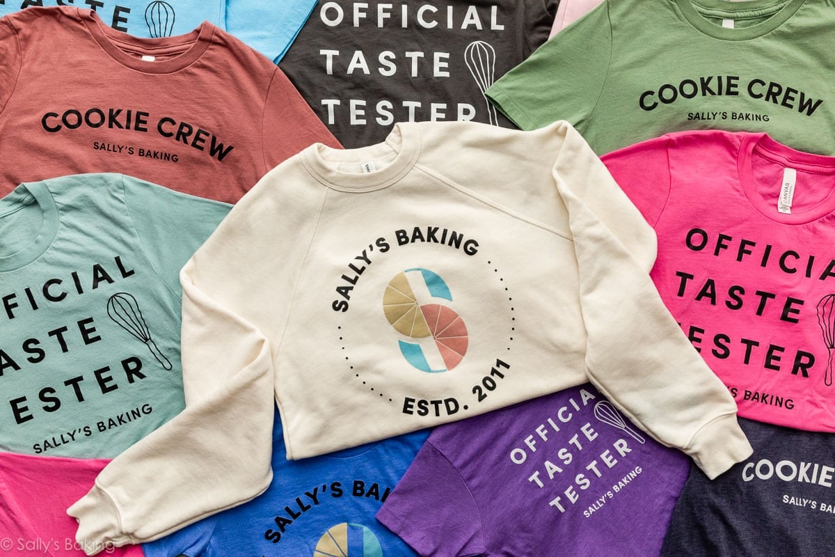 a collection of sally's baking t-shirts and sweatshirts.