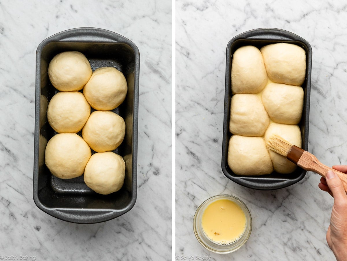 6 balls of dough in loaf pan and shown again after rising with hand brushing egg wash on top.