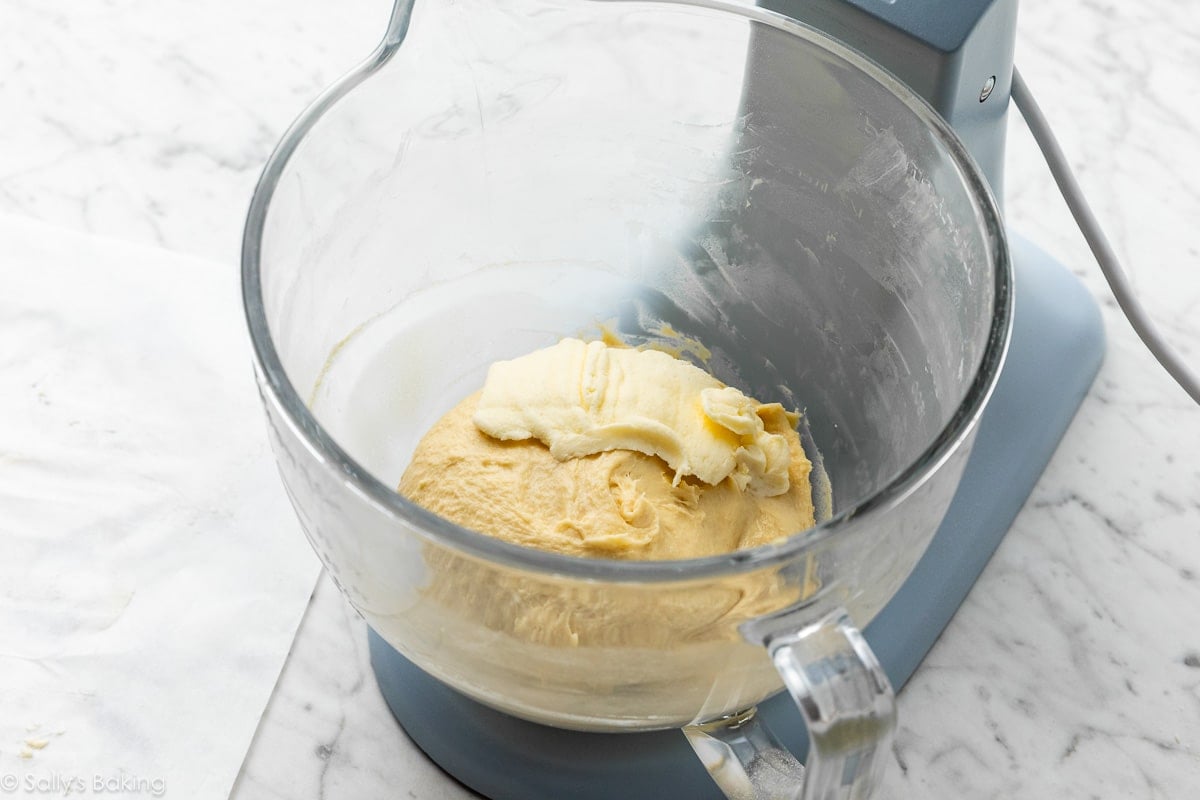 plasticized butter slabs on top of dough in stand mixer bowl.