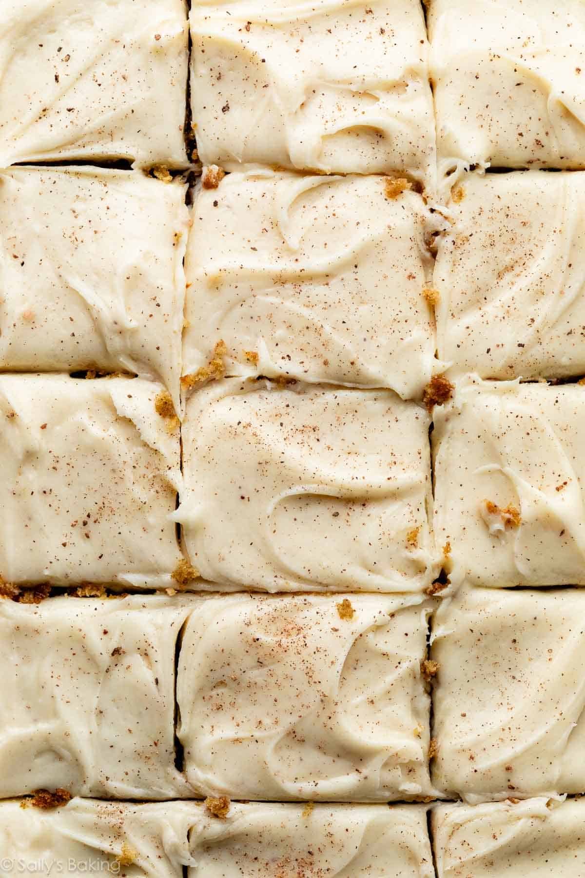 brown butter cream cheese frosting with cinnamon and nutmeg on top.