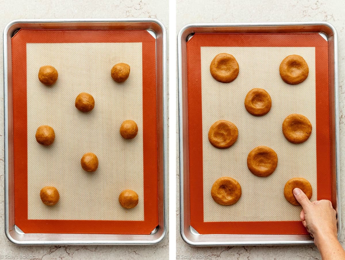 rolled cookie dough balls and hand pressing thumb into it.