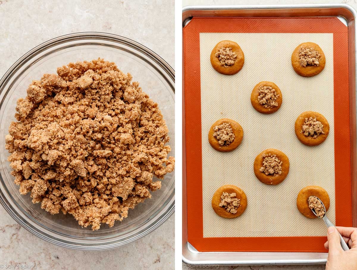 crumb mixture in bowl and shown again spooned on cookies.