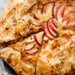 apple brie galette with phyllo crust and fresh thyme.