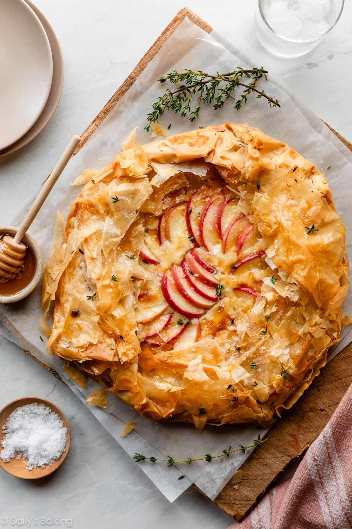 apple brie galette with crispy phyllo crust and fresh thyme.