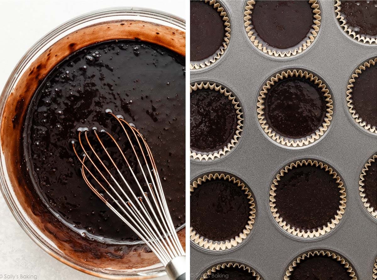 cupcake batter in bowl and in cupcake pan.