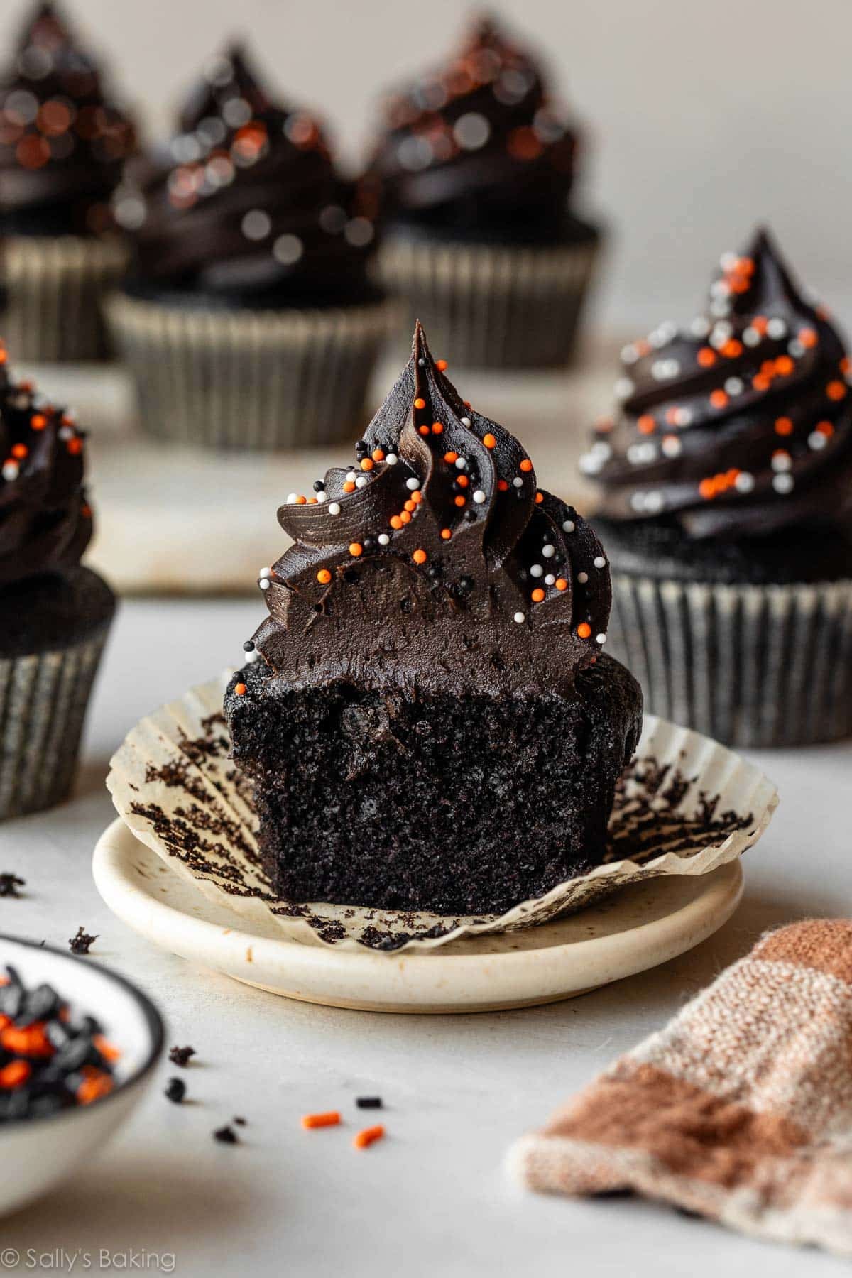 black velvet cupcake cut in half.