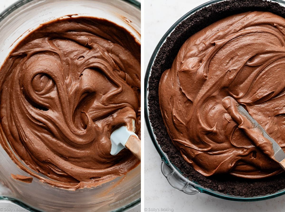 filling in glass bowl and shown again being spread into crust.