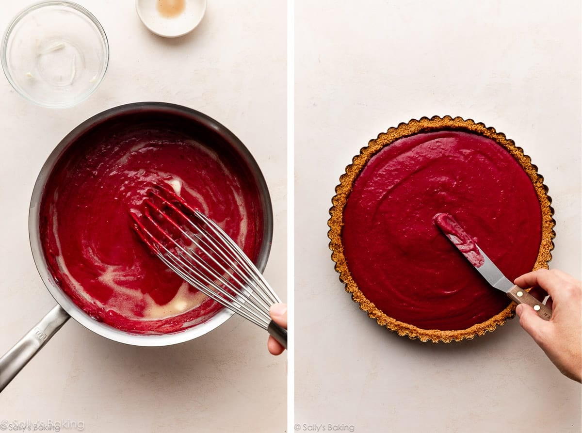 whisking cranberry curd mixture and spreading it into crust.