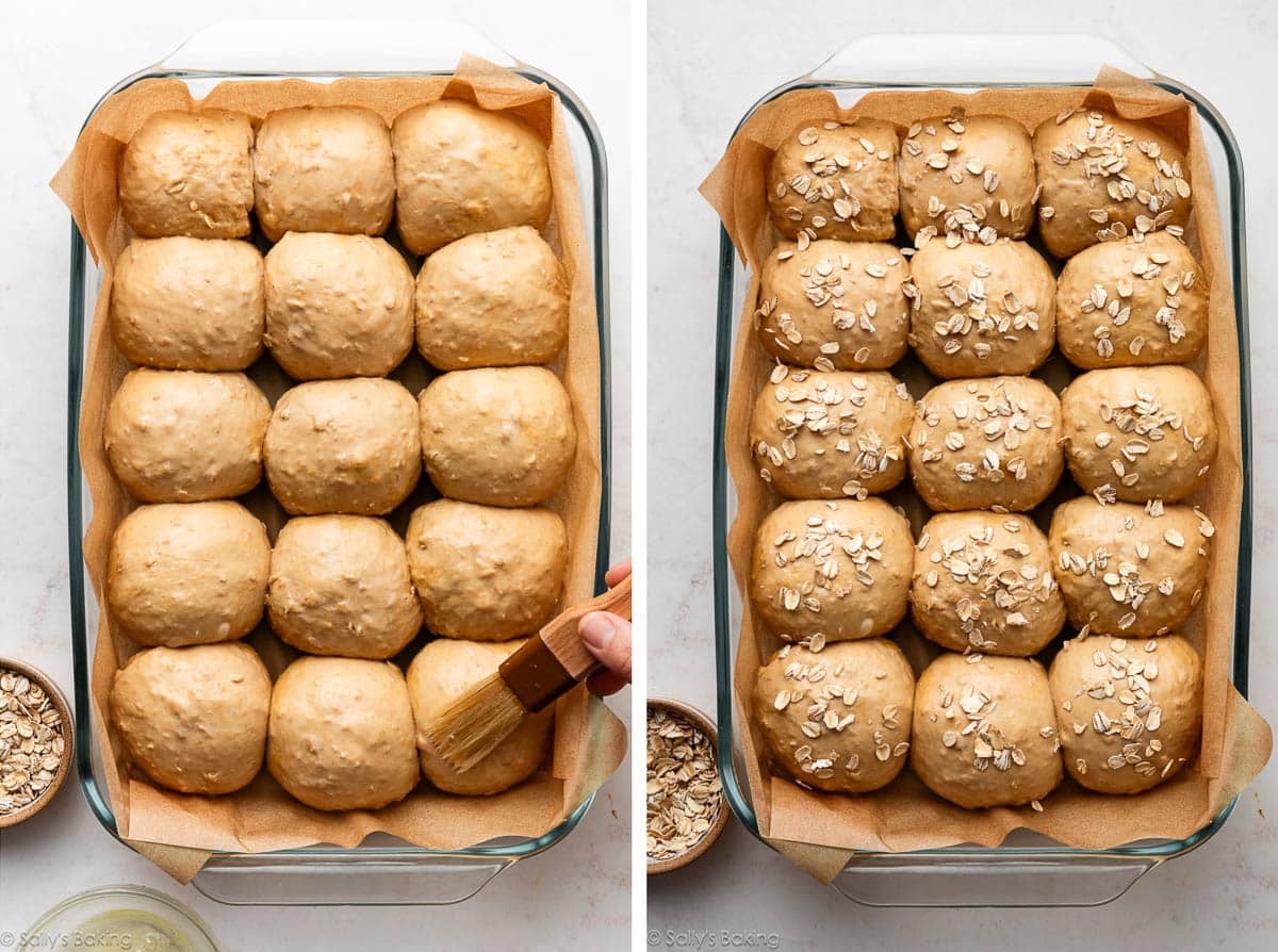 rolls being brushed and shown again with oats on top.