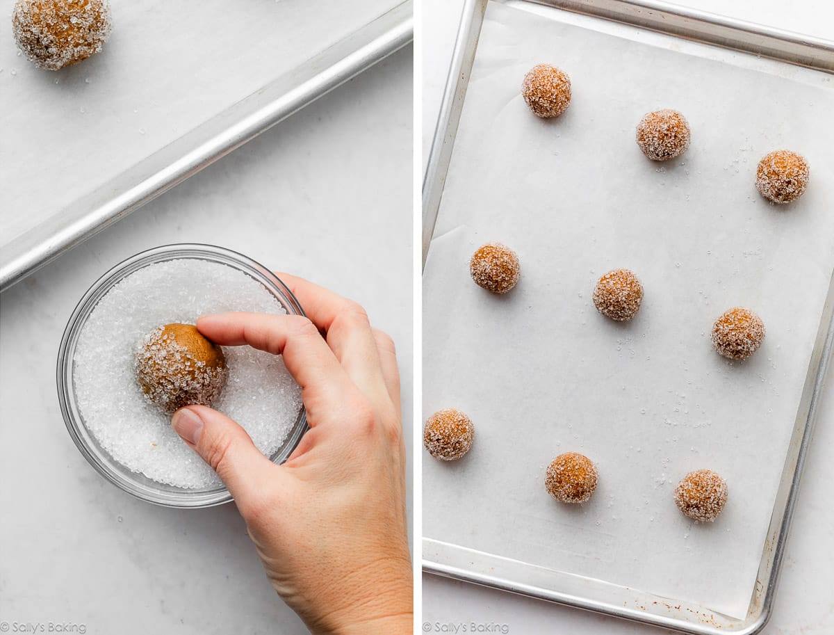 hand rolling dough ball in coarse sugar.