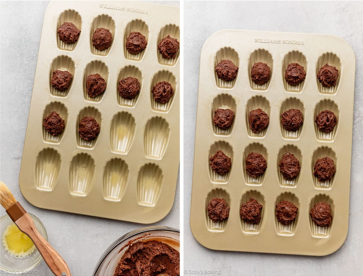 chocolate batter in madeleine pan.