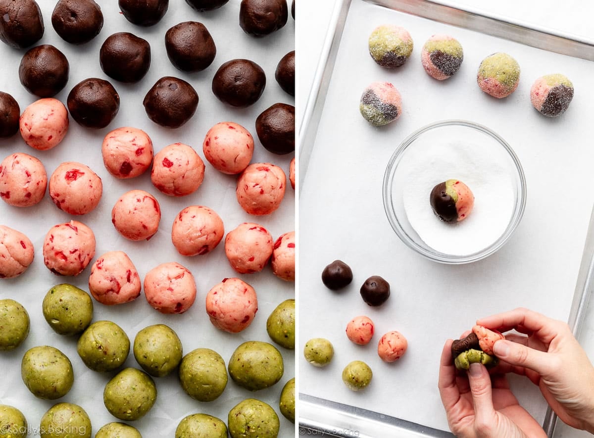 cookie dough balls and hands shown pressing them together.