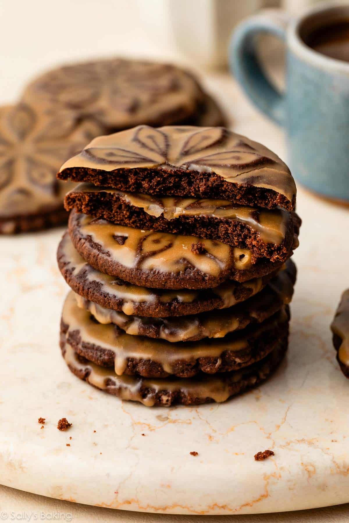 stack of chocolate espresso stamped cookies.