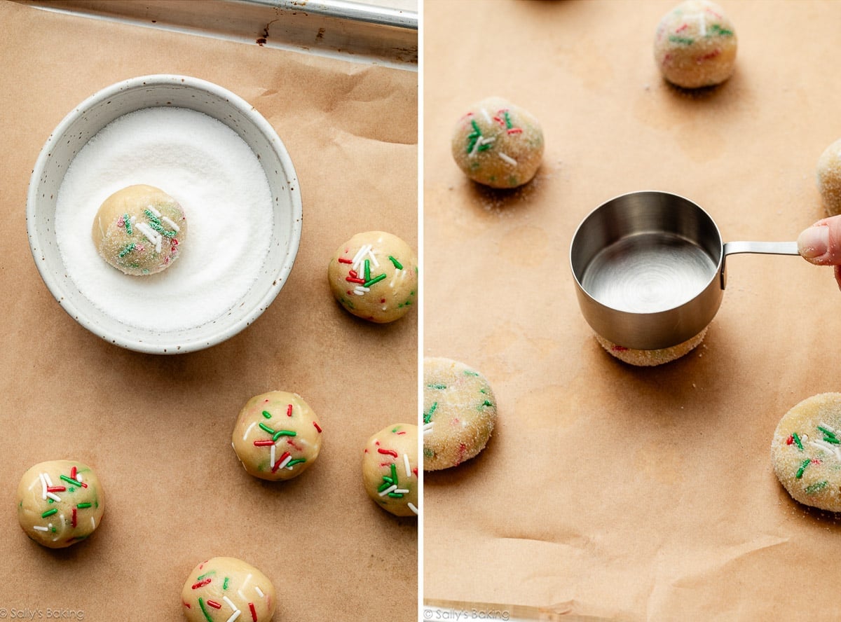 cookie dough balls with sprinkles and a measuring cup flattening them.