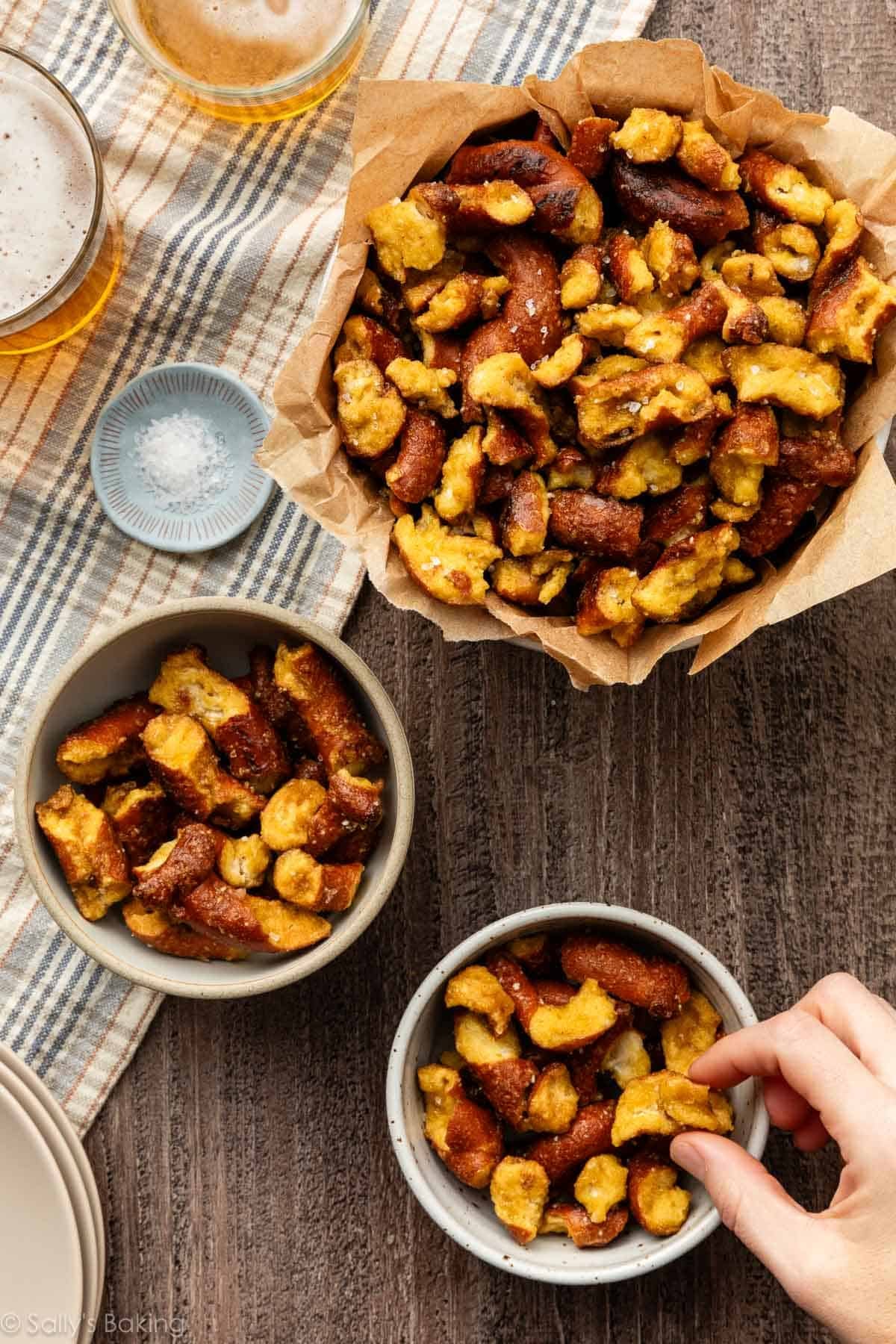 honey mustard pretzel pieces in bowls.