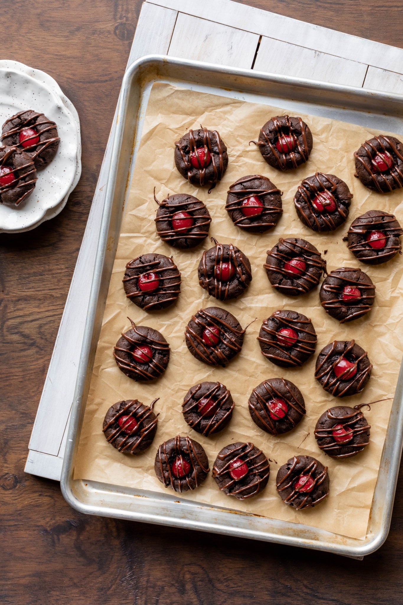 chocolate covered cherry thumbprint cookies from sally's baking 101 cookbook.