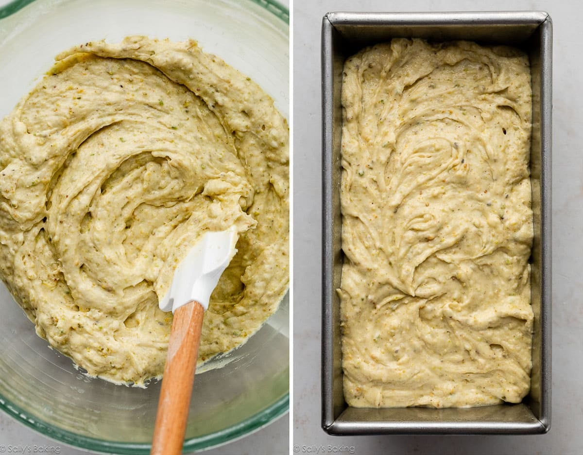 batter in bowl and in loaf pan.