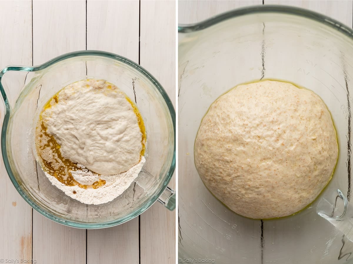 preferment and other ingredients in bowl and another image showing finished dough.