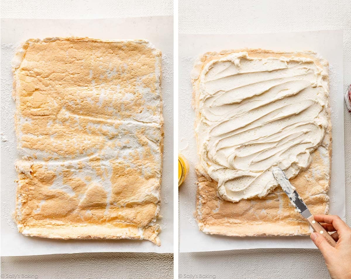 spreading filling on meringue roulade.